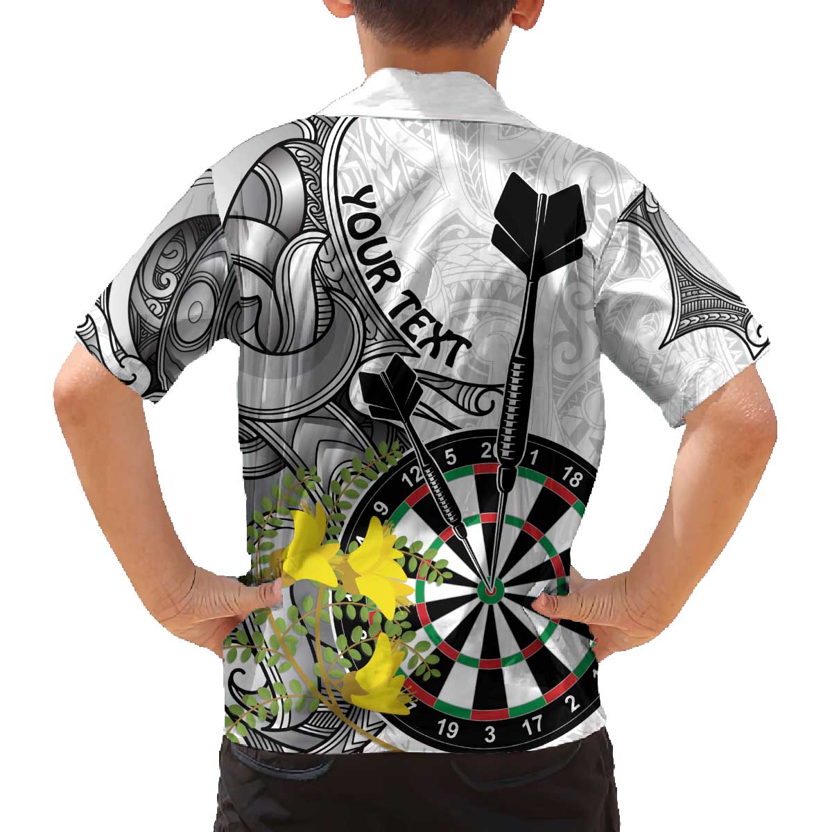 Personalised New Zealand Darts Family Matching Off Shoulder Short Dress and Hawaiian Shirt Kowhai Floral with Maori Tattoo LT9 - Polynesian Pride