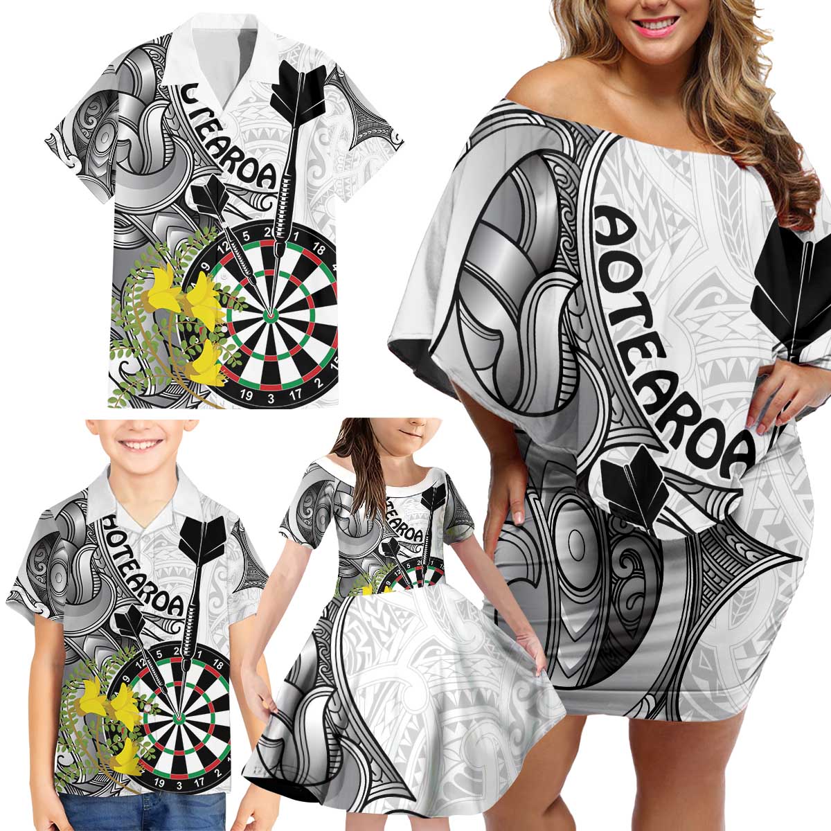 Personalised New Zealand Darts Family Matching Off Shoulder Short Dress and Hawaiian Shirt Kowhai Floral with Maori Tattoo LT9 - Polynesian Pride