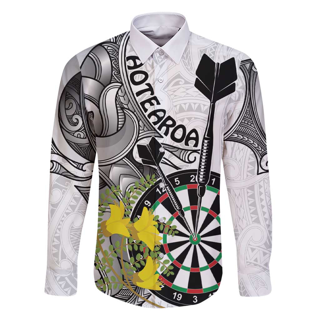 Personalised New Zealand Darts Family Matching Short Sleeve Bodycon Dress and Hawaiian Shirt Kowhai Floral with Maori Tattoo LT9 Dad's Shirt - Long Sleeve Black - Polynesian Pride