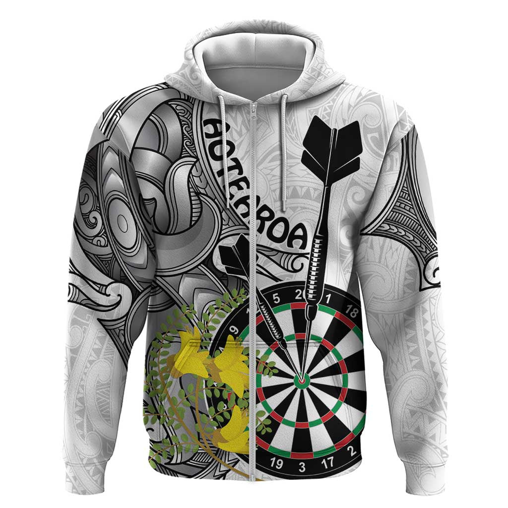 Personalised New Zealand Darts Hoodie Kowhai Floral with Maori Tattoo LT9 Zip Hoodie Black - Polynesian Pride