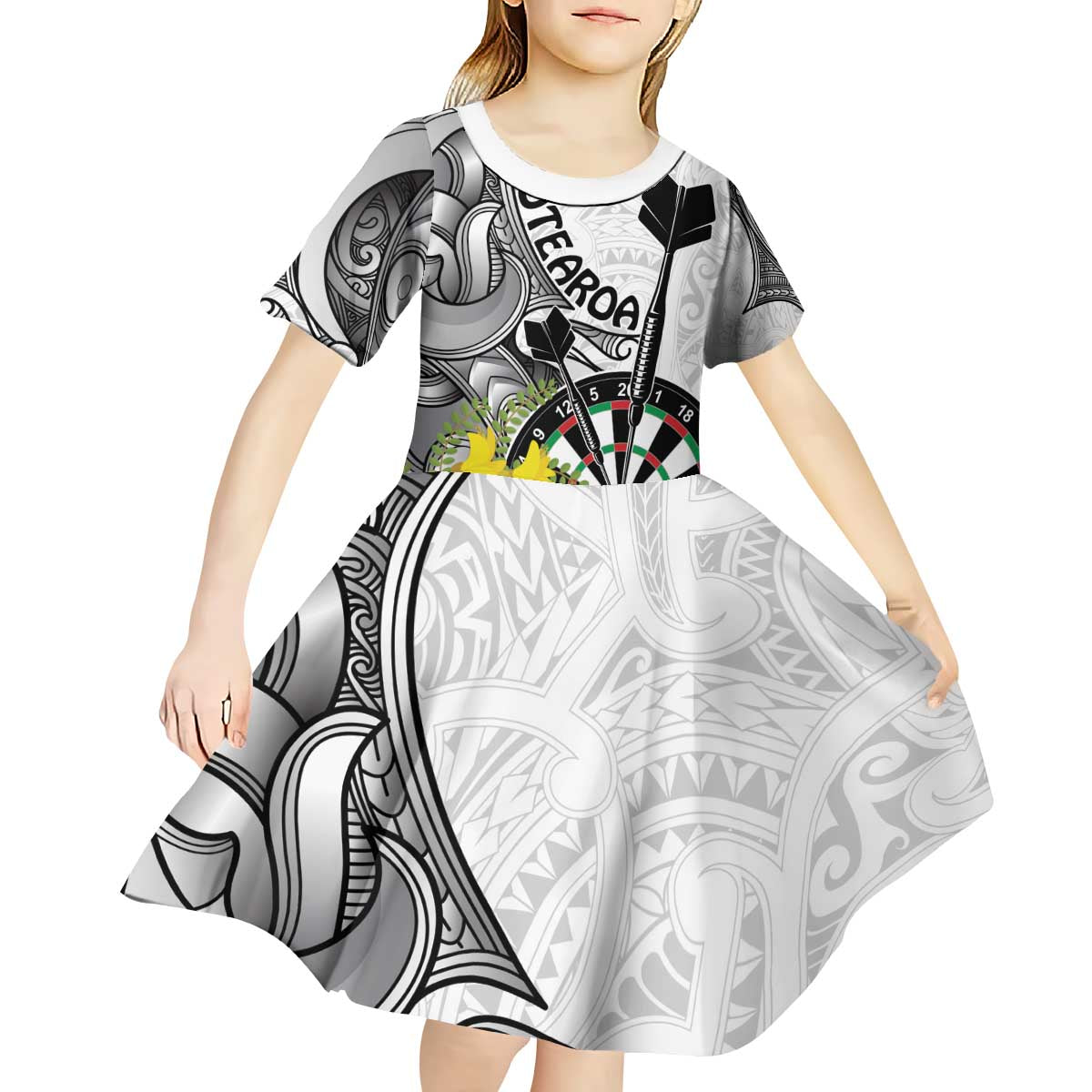 Personalised New Zealand Darts Kid Short Sleeve Dress Kowhai Floral with Maori Tattoo LT9 - Polynesian Pride
