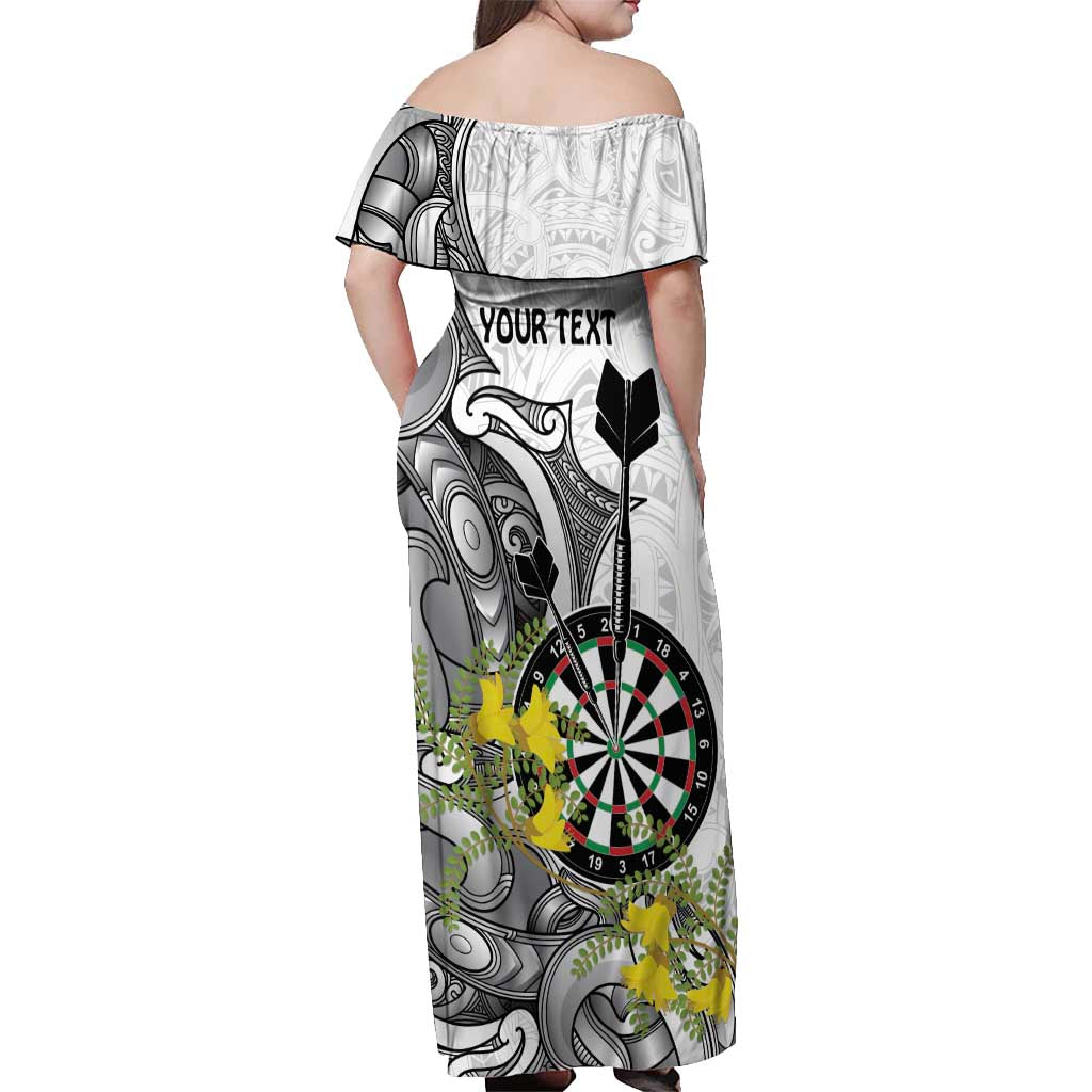 Personalised New Zealand Darts Off Shoulder Maxi Dress Kowhai Floral with Maori Tattoo LT9 - Polynesian Pride