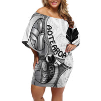 Personalised New Zealand Darts Off Shoulder Short Dress Kowhai Floral with Maori Tattoo LT9 Women Black - Polynesian Pride