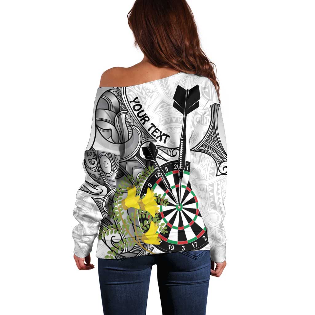 Personalised New Zealand Darts Off Shoulder Sweater Kowhai Floral with Maori Tattoo LT9 - Polynesian Pride