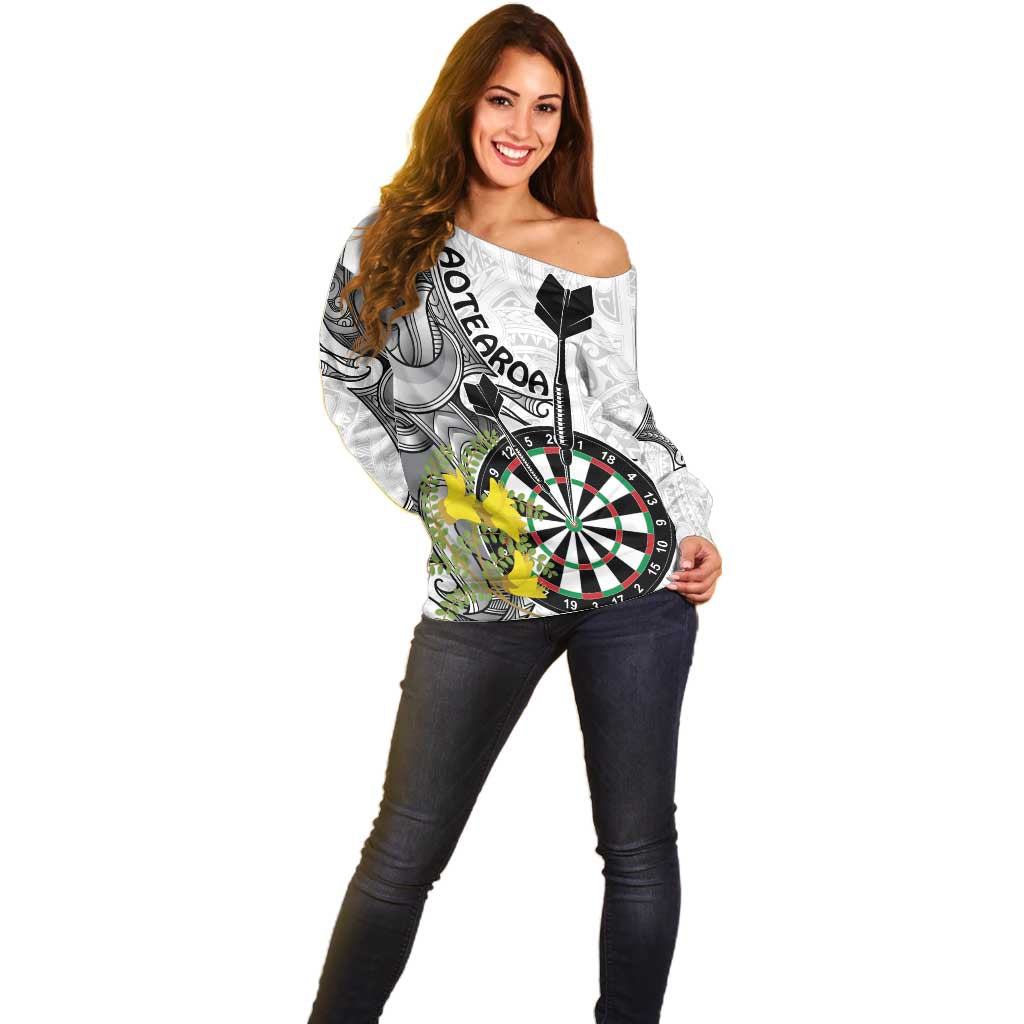 Personalised New Zealand Darts Off Shoulder Sweater Kowhai Floral with Maori Tattoo LT9 - Polynesian Pride