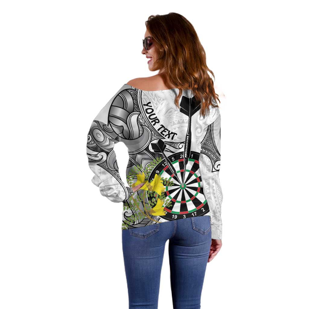 Personalised New Zealand Darts Off Shoulder Sweater Kowhai Floral with Maori Tattoo LT9 - Polynesian Pride