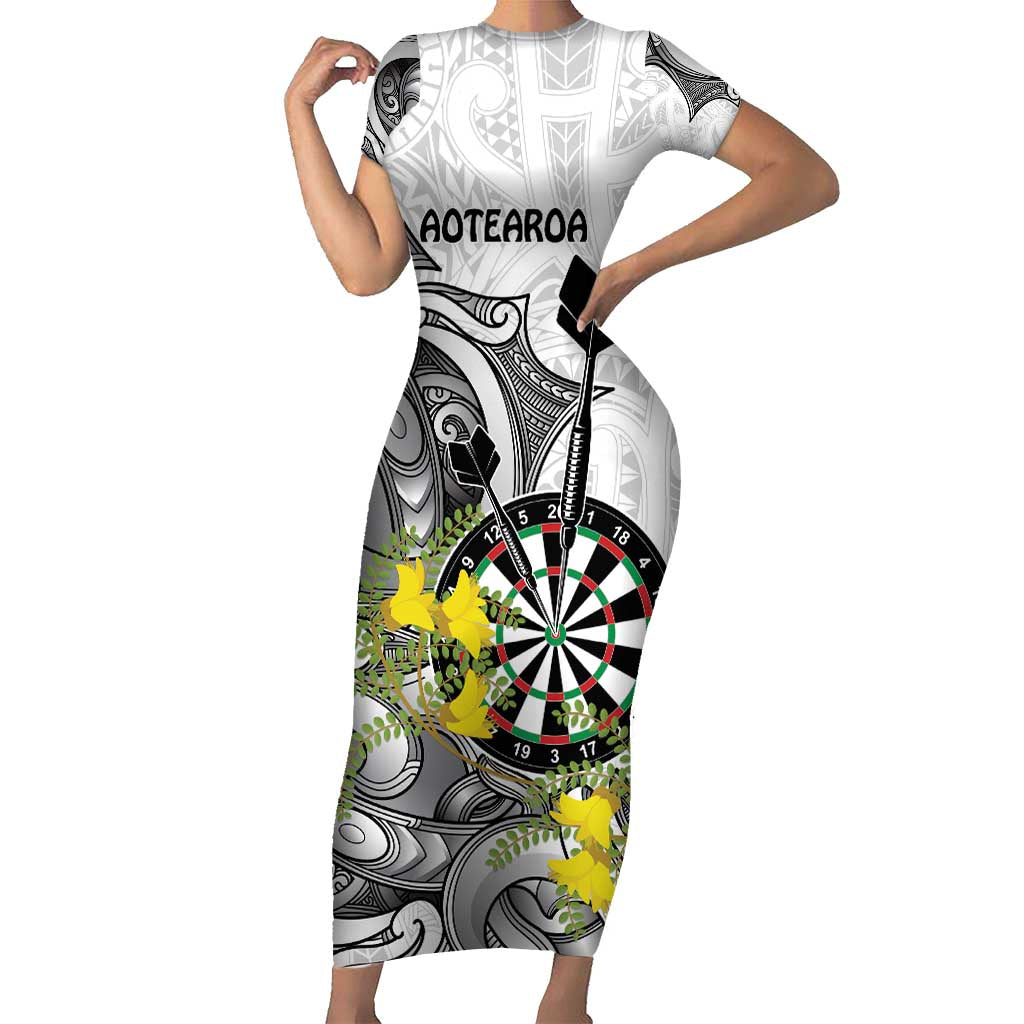 Personalised New Zealand Darts Short Sleeve Bodycon Dress Kowhai Floral with Maori Tattoo LT9 Long Dress Black - Polynesian Pride