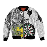 Personalised New Zealand Darts Sleeve Zip Bomber Jacket Kowhai Floral with Maori Tattoo LT9 Unisex Black - Polynesian Pride