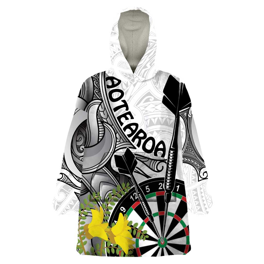 Personalised New Zealand Darts Wearable Blanket Hoodie Kowhai Floral with Maori Tattoo LT9 One Size Black - Polynesian Pride