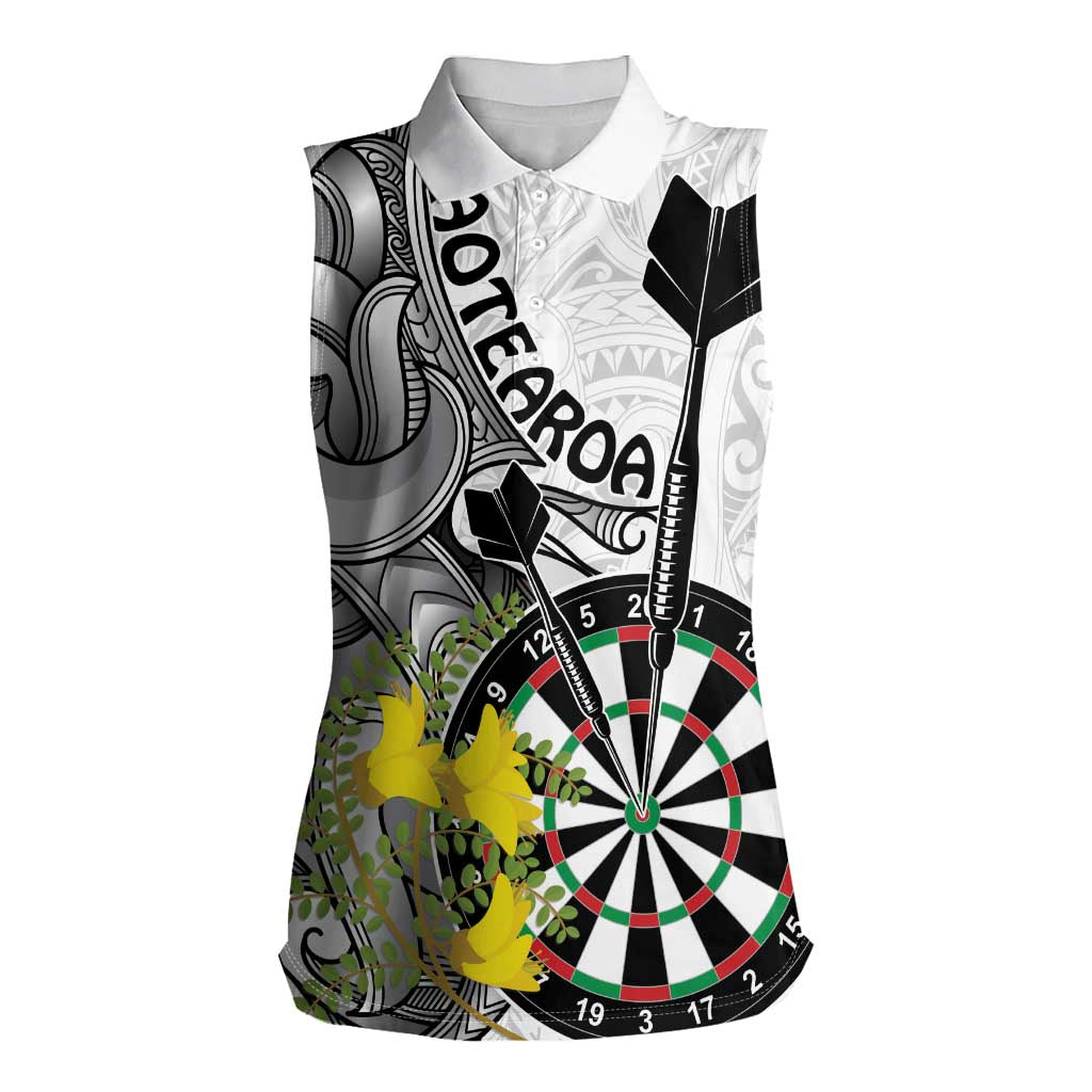 Personalised New Zealand Darts Women Sleeveless Polo Shirt Kowhai Floral with Maori Tattoo LT9 Female Black - Polynesian Pride