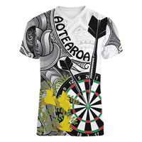 Personalised New Zealand Darts Women V-Neck T-Shirt Kowhai Floral with Maori Tattoo LT9 Female Black - Polynesian Pride