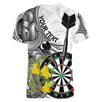 Personalised New Zealand Darts Women V-Neck T-Shirt Kowhai Floral with Maori Tattoo LT9 - Polynesian Pride