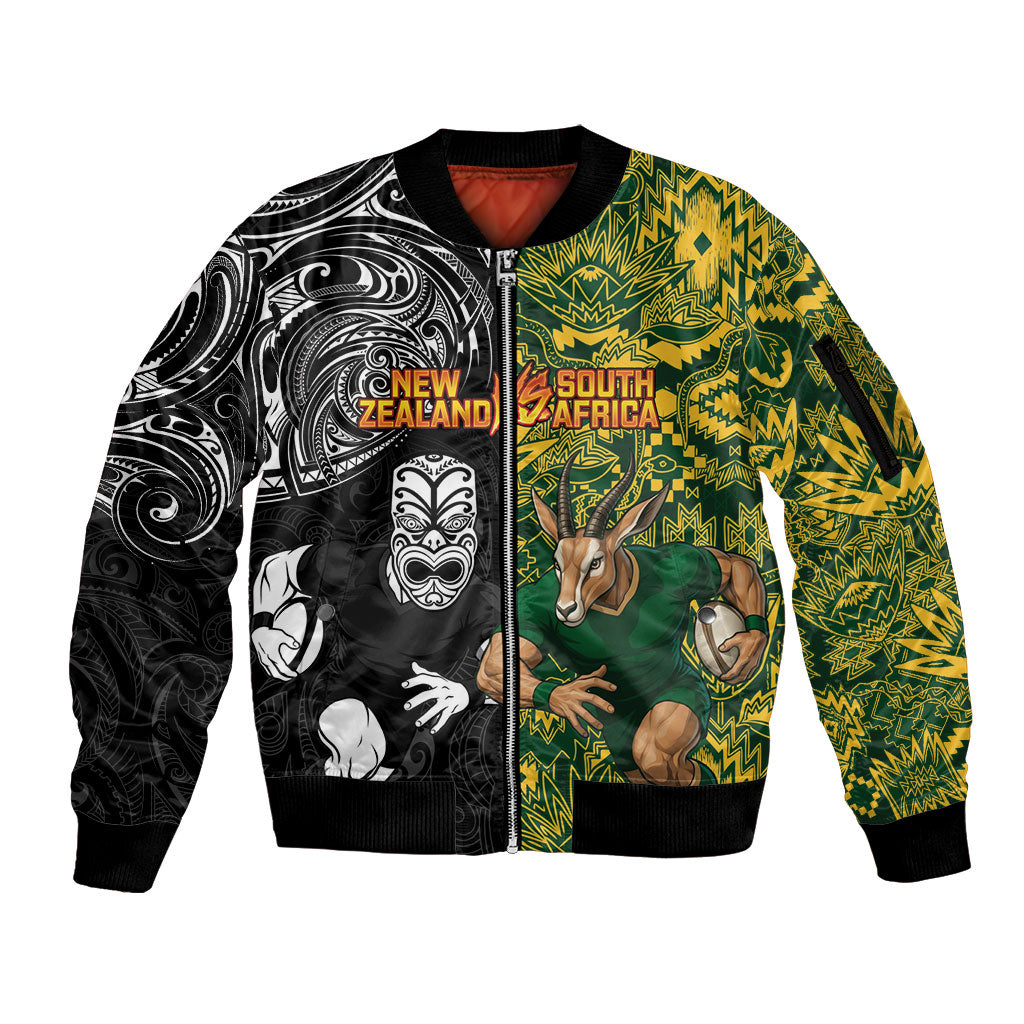 Custom New Zealand vs South Africa Sleeve Zip Bomber Jacket Rugby Rivalry Two Nations One Battle
