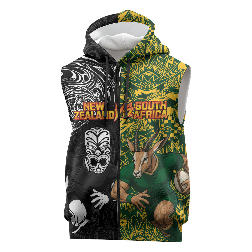 Custom New Zealand vs South Africa Sleeveless Zip Hoodie Rugby Rivalry Two Nations One Battle