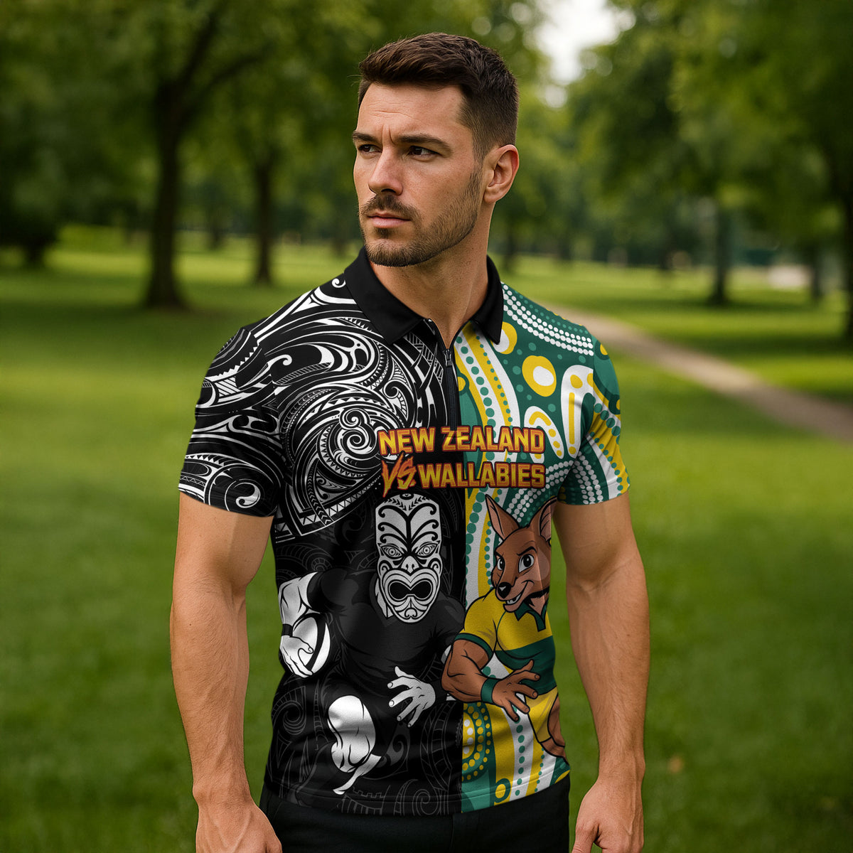 Custom Australia vs New Zealand Zipper Polo Shirt Rugby Rivalry Two Nations One Battle