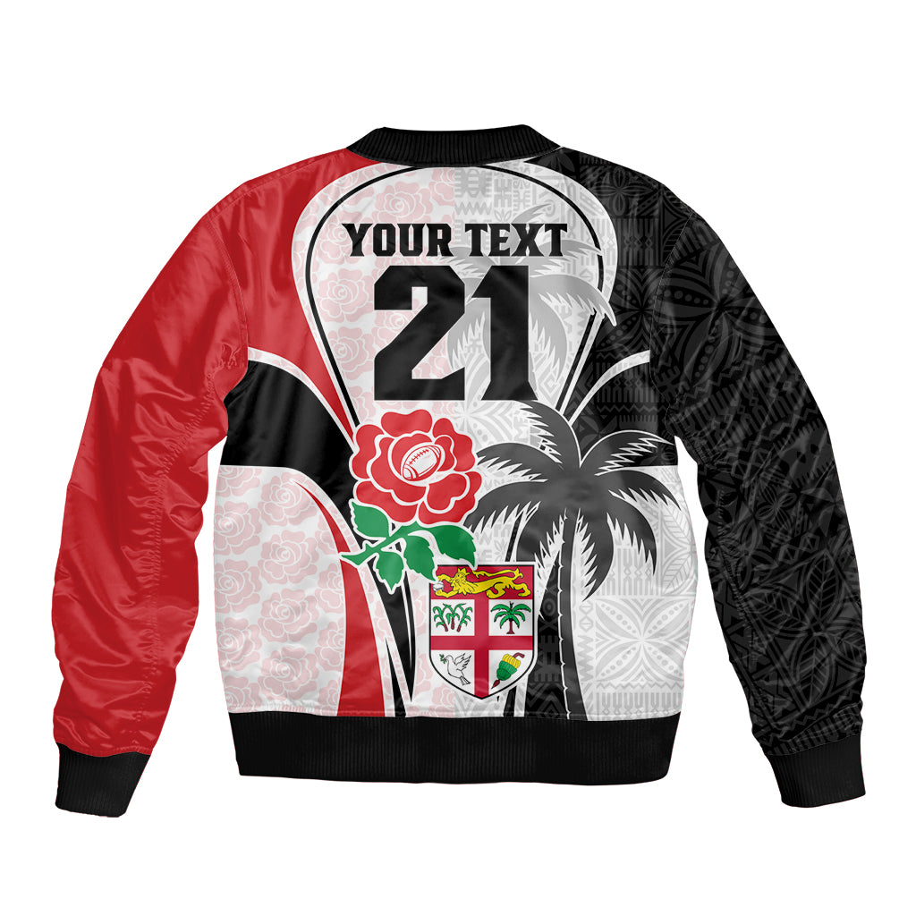 Custom Fiji England Rugby Bomber Jacket Tapa Pattern and Rose Flower World Cup 2023 LT9 - Polynesian Pride