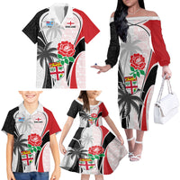 Custom Fiji England Rugby Family Matching Off Shoulder Long Sleeve Dress and Hawaiian Shirt Tapa Pattern and Rose Flower World Cup 2023 LT9 - Polynesian Pride