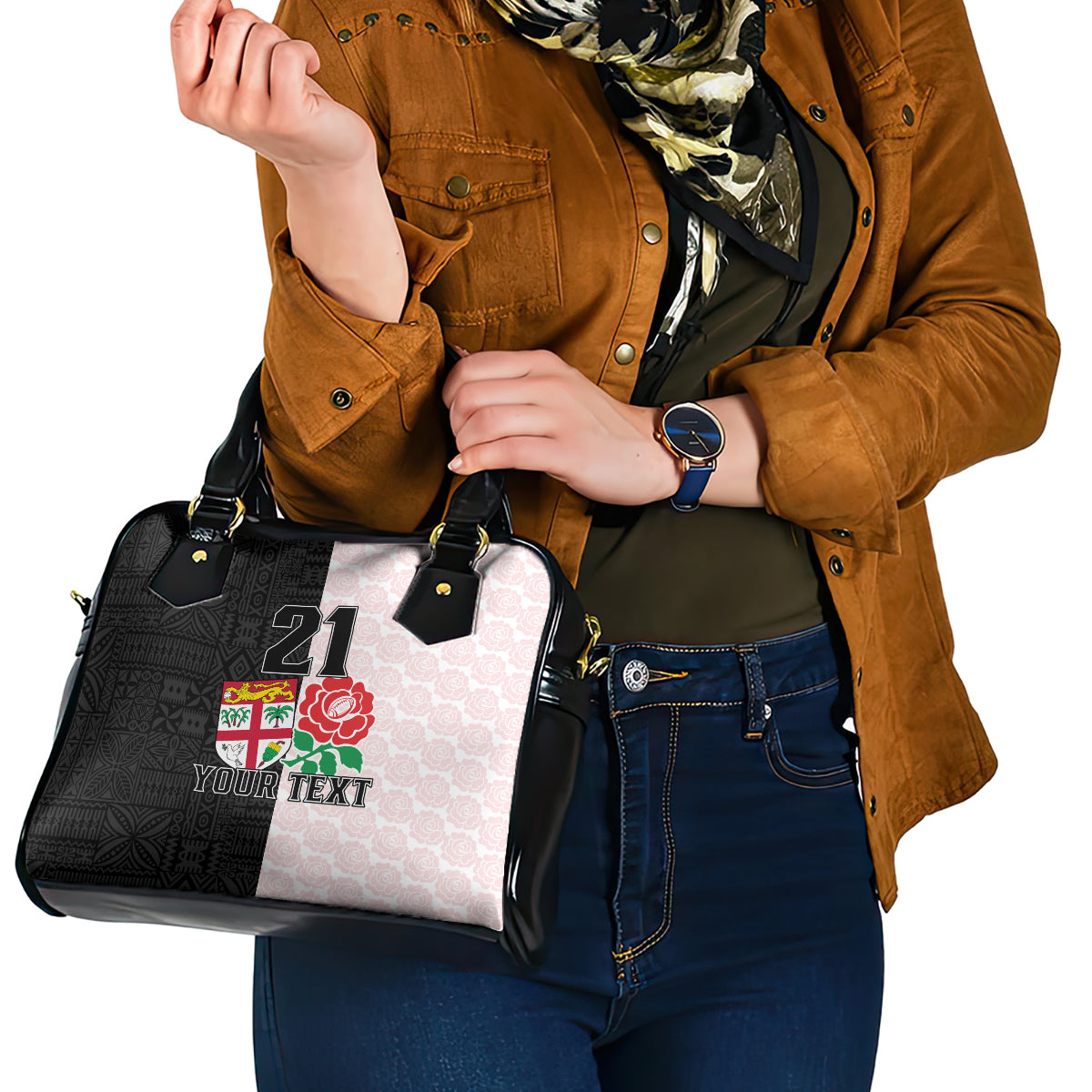 Custom Fiji England Rugby Shoulder Handbag Tapa Pattern and Rose Flower World Cup 2023 LT9 - Polynesian Pride