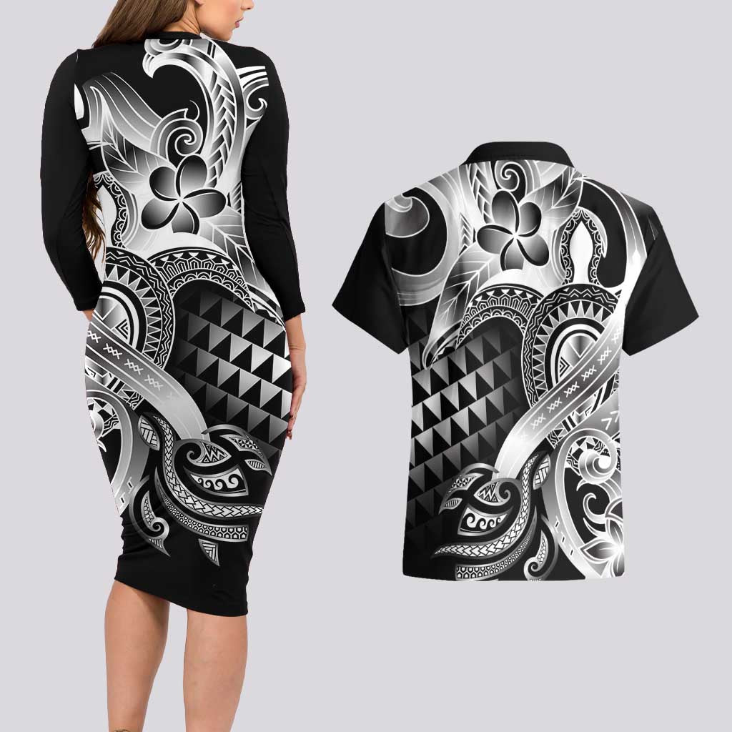 Aloha Black Tribal Honu Tattoo Couples Matching Long Sleeve Bodycon Dress and Hawaiian Shirt LT9 - Polynesian Pride
