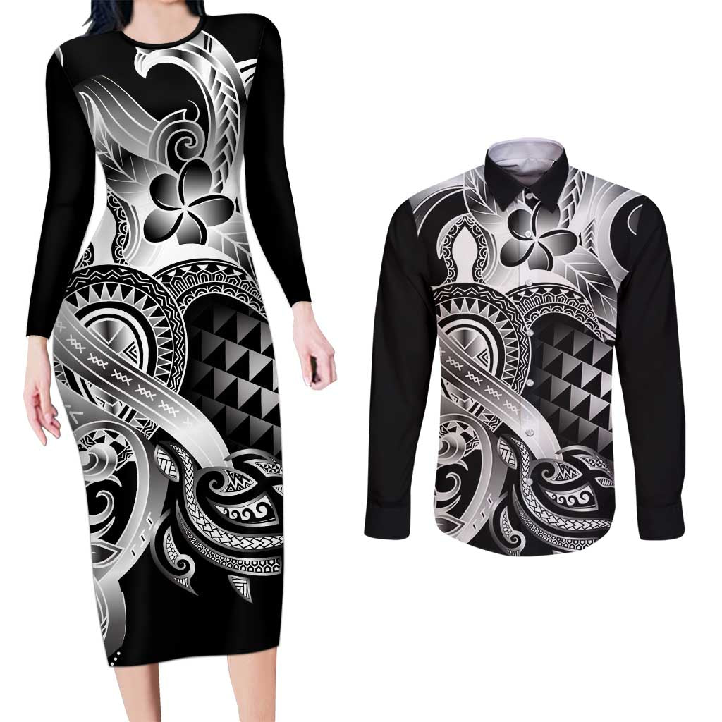 Aloha Black Tribal Honu Tattoo Couples Matching Long Sleeve Bodycon Dress and Long Sleeve Button Shirt LT9 Black - Polynesian Pride