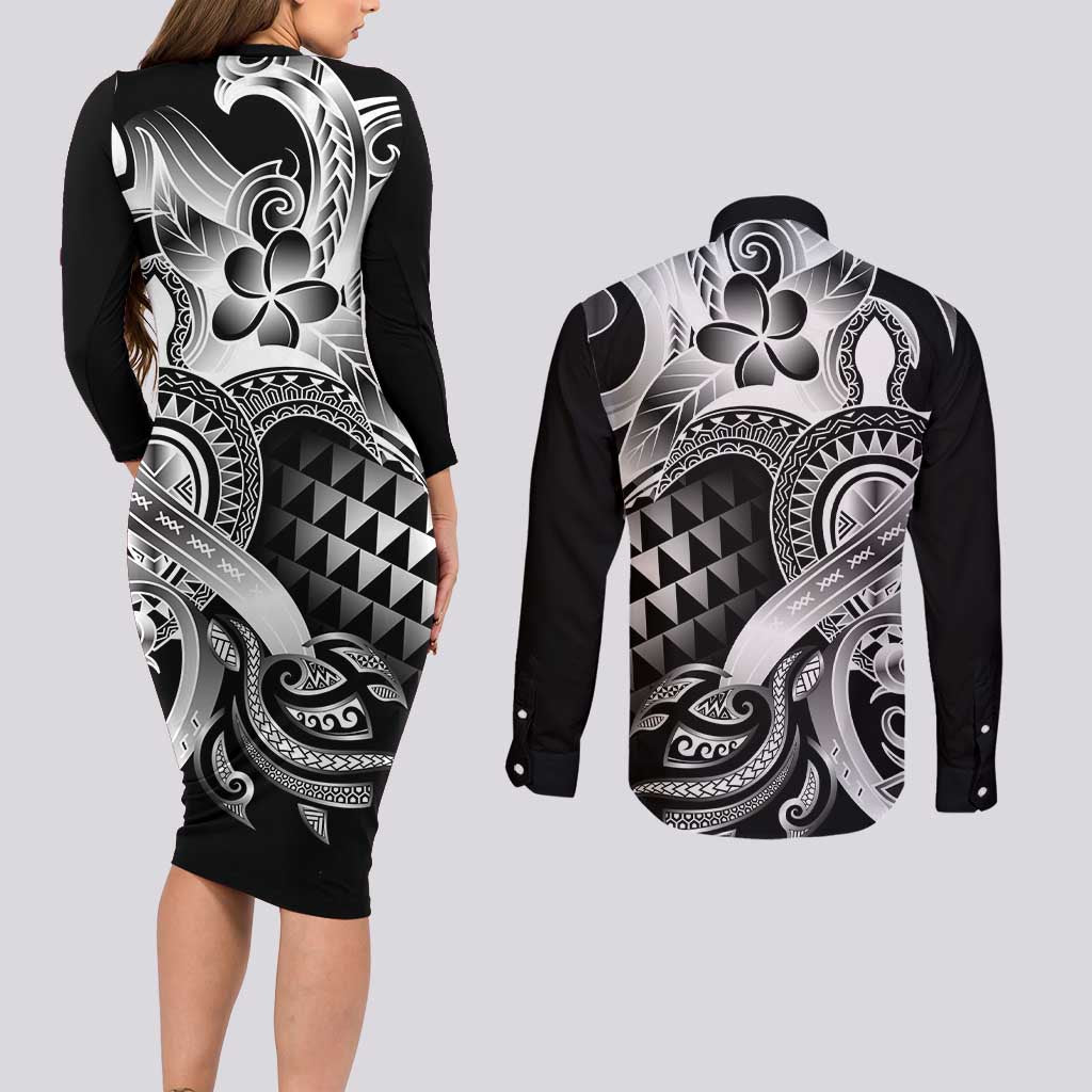 Aloha Black Tribal Honu Tattoo Couples Matching Long Sleeve Bodycon Dress and Long Sleeve Button Shirt LT9 - Polynesian Pride
