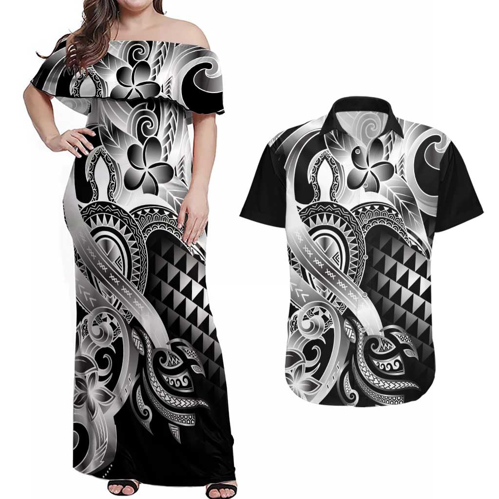 Aloha Black Tribal Honu Tattoo Couples Matching Off Shoulder Maxi Dress and Hawaiian Shirt LT9 Black - Polynesian Pride