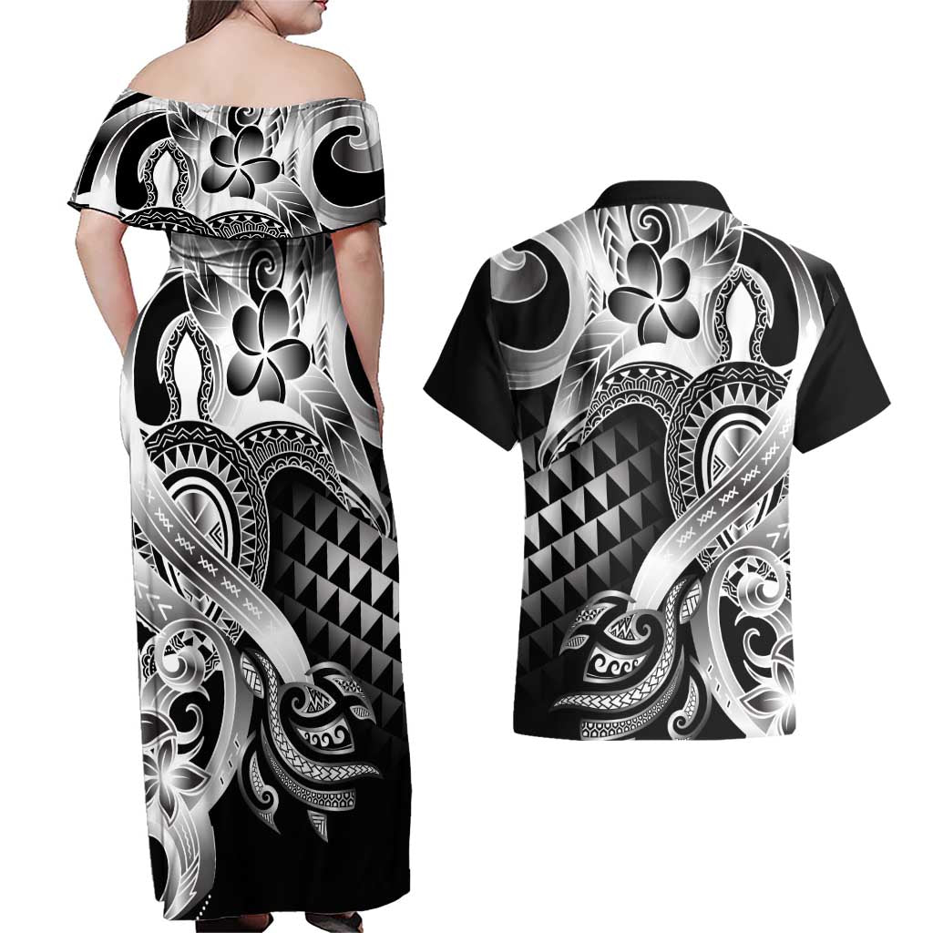 Aloha Black Tribal Honu Tattoo Couples Matching Off Shoulder Maxi Dress and Hawaiian Shirt LT9 - Polynesian Pride