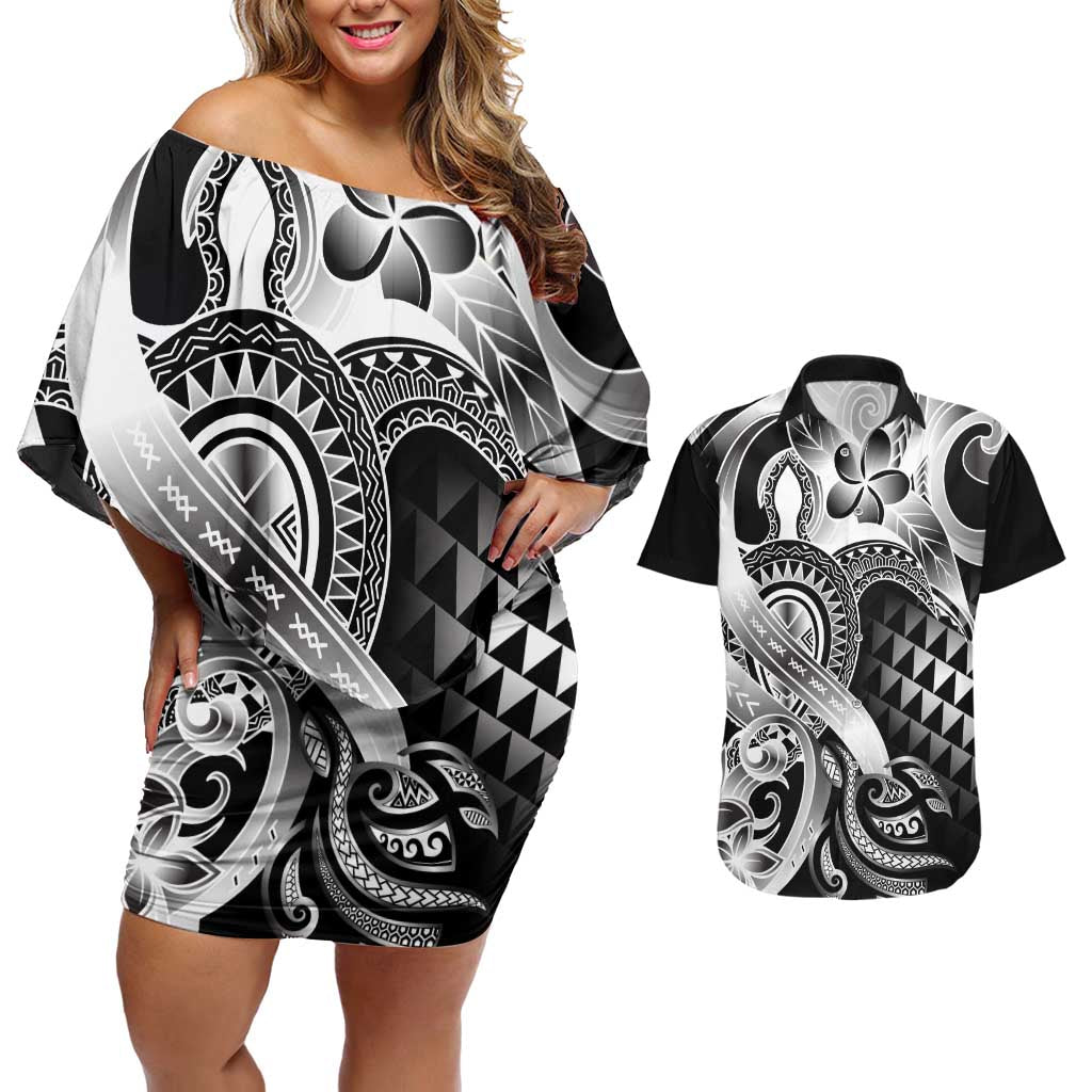 Aloha Black Tribal Honu Tattoo Couples Matching Off Shoulder Short Dress and Hawaiian Shirt LT9 Black - Polynesian Pride