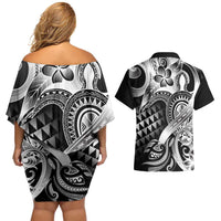 Aloha Black Tribal Honu Tattoo Couples Matching Off Shoulder Short Dress and Hawaiian Shirt LT9 - Polynesian Pride