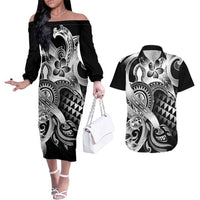 Aloha Black Tribal Honu Tattoo Couples Matching Off The Shoulder Long Sleeve Dress and Hawaiian Shirt LT9 Black - Polynesian Pride