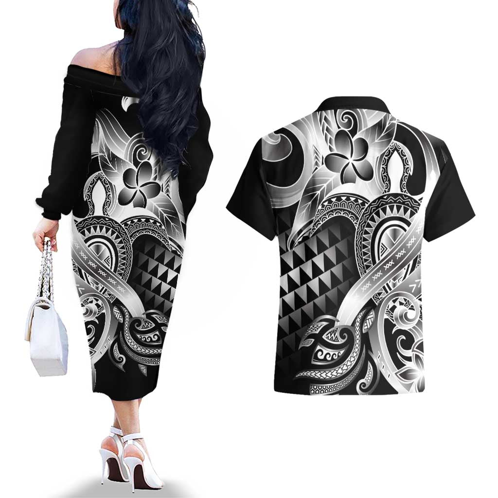 Aloha Black Tribal Honu Tattoo Couples Matching Off The Shoulder Long Sleeve Dress and Hawaiian Shirt LT9 - Polynesian Pride