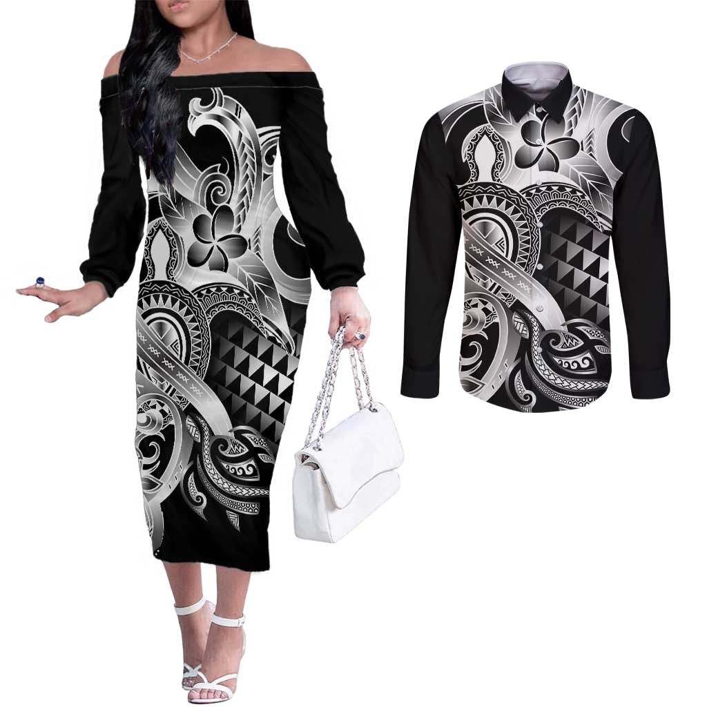 Aloha Black Tribal Honu Tattoo Couples Matching Off The Shoulder Long Sleeve Dress and Long Sleeve Button Shirt LT9 Black - Polynesian Pride