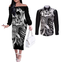 Aloha Black Tribal Honu Tattoo Couples Matching Off The Shoulder Long Sleeve Dress and Long Sleeve Button Shirt LT9 Black - Polynesian Pride