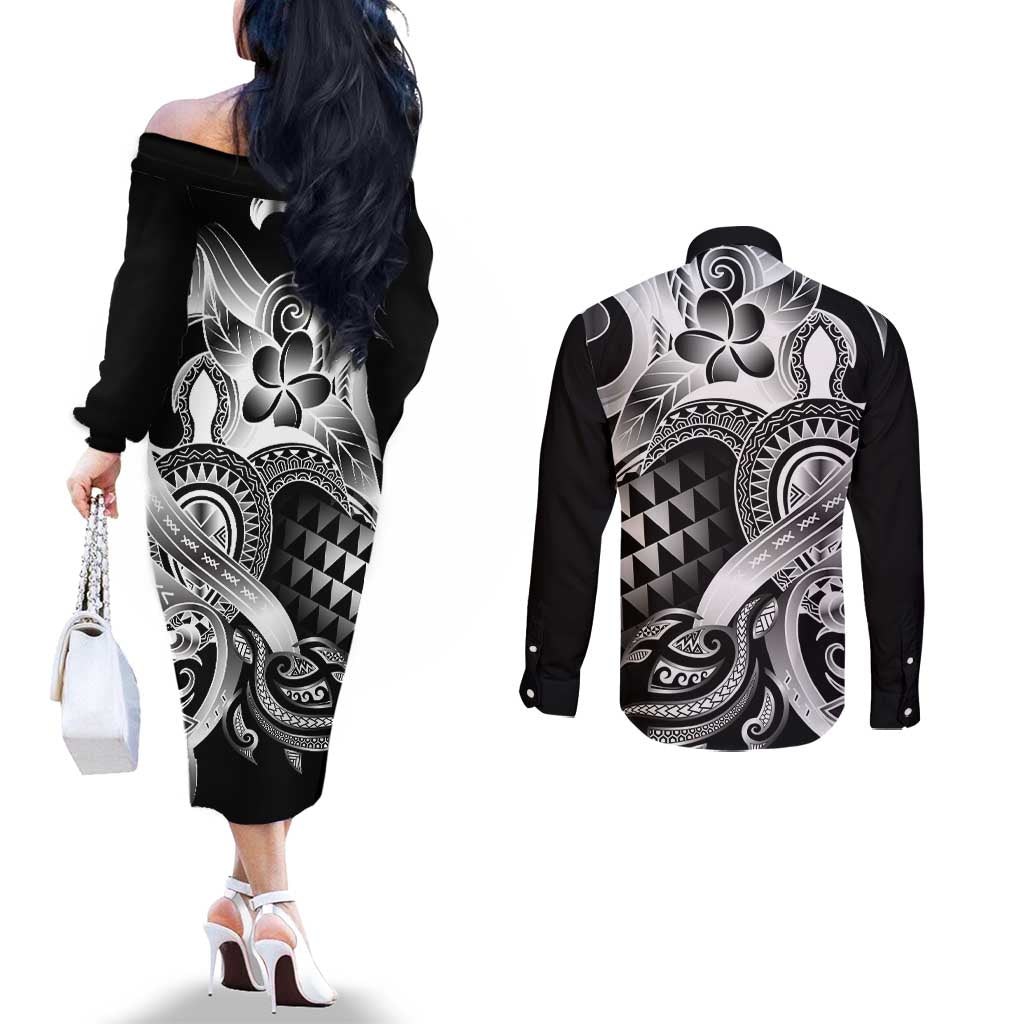 Aloha Black Tribal Honu Tattoo Couples Matching Off The Shoulder Long Sleeve Dress and Long Sleeve Button Shirt LT9 - Polynesian Pride