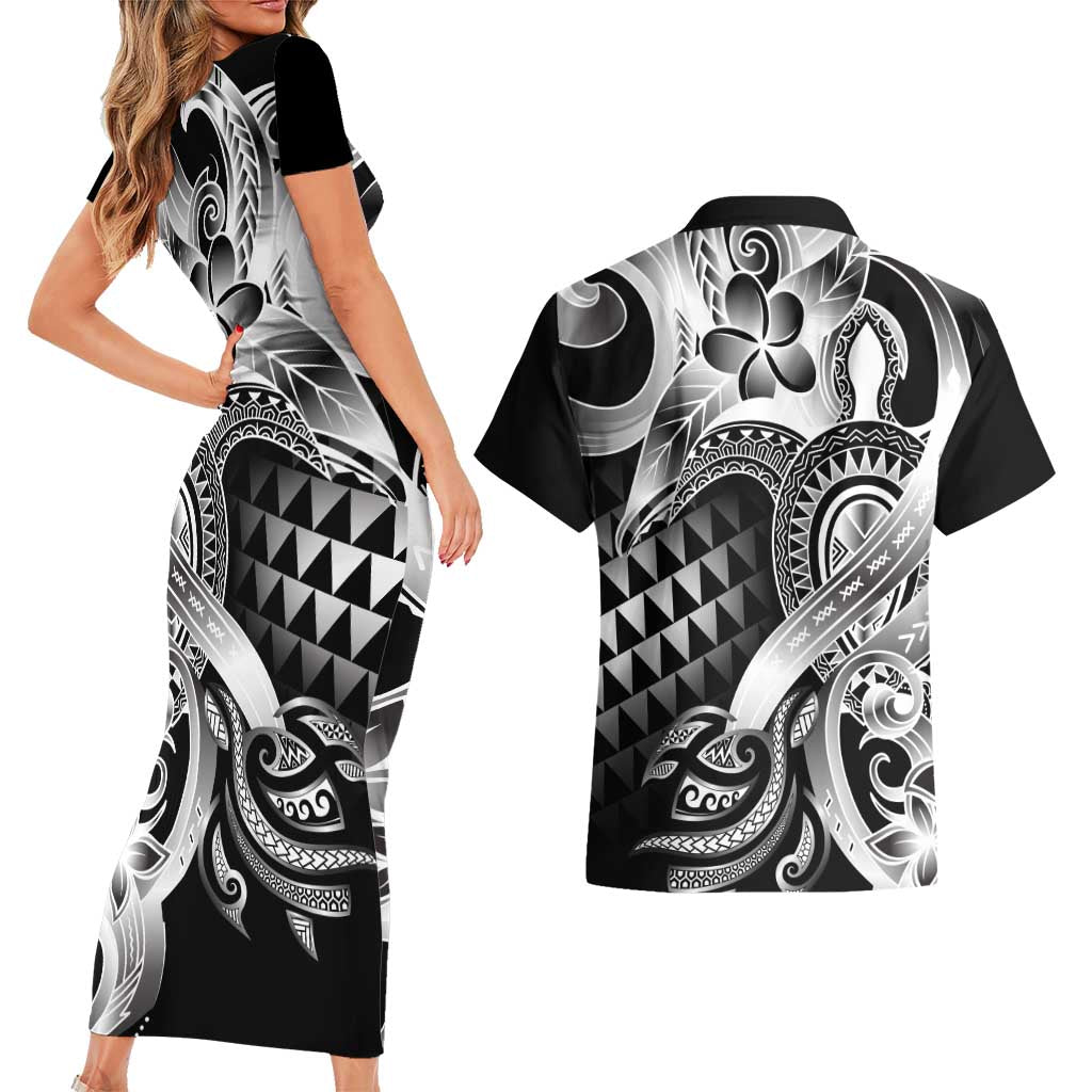 Aloha Black Tribal Honu Tattoo Couples Matching Short Sleeve Bodycon Dress and Hawaiian Shirt LT9 - Polynesian Pride