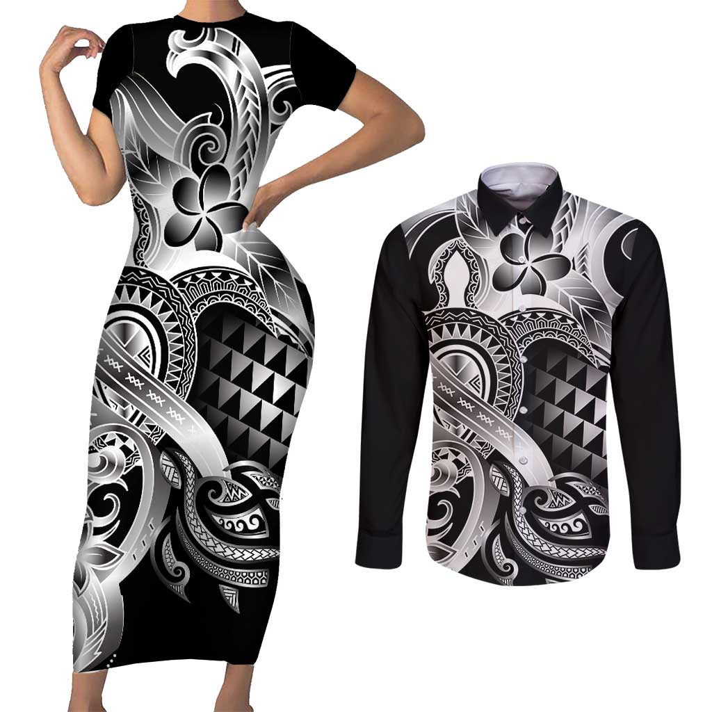 Aloha Black Tribal Honu Tattoo Couples Matching Short Sleeve Bodycon Dress and Long Sleeve Button Shirt LT9 Black - Polynesian Pride