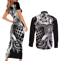 Aloha Black Tribal Honu Tattoo Couples Matching Short Sleeve Bodycon Dress and Long Sleeve Button Shirt LT9 - Polynesian Pride