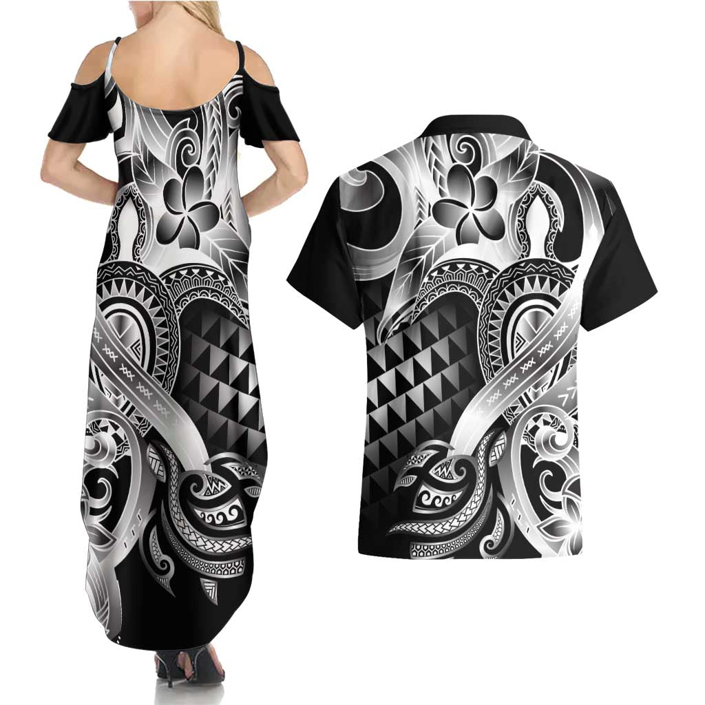 Aloha Black Tribal Honu Tattoo Couples Matching Summer Maxi Dress and Hawaiian Shirt LT9 - Polynesian Pride