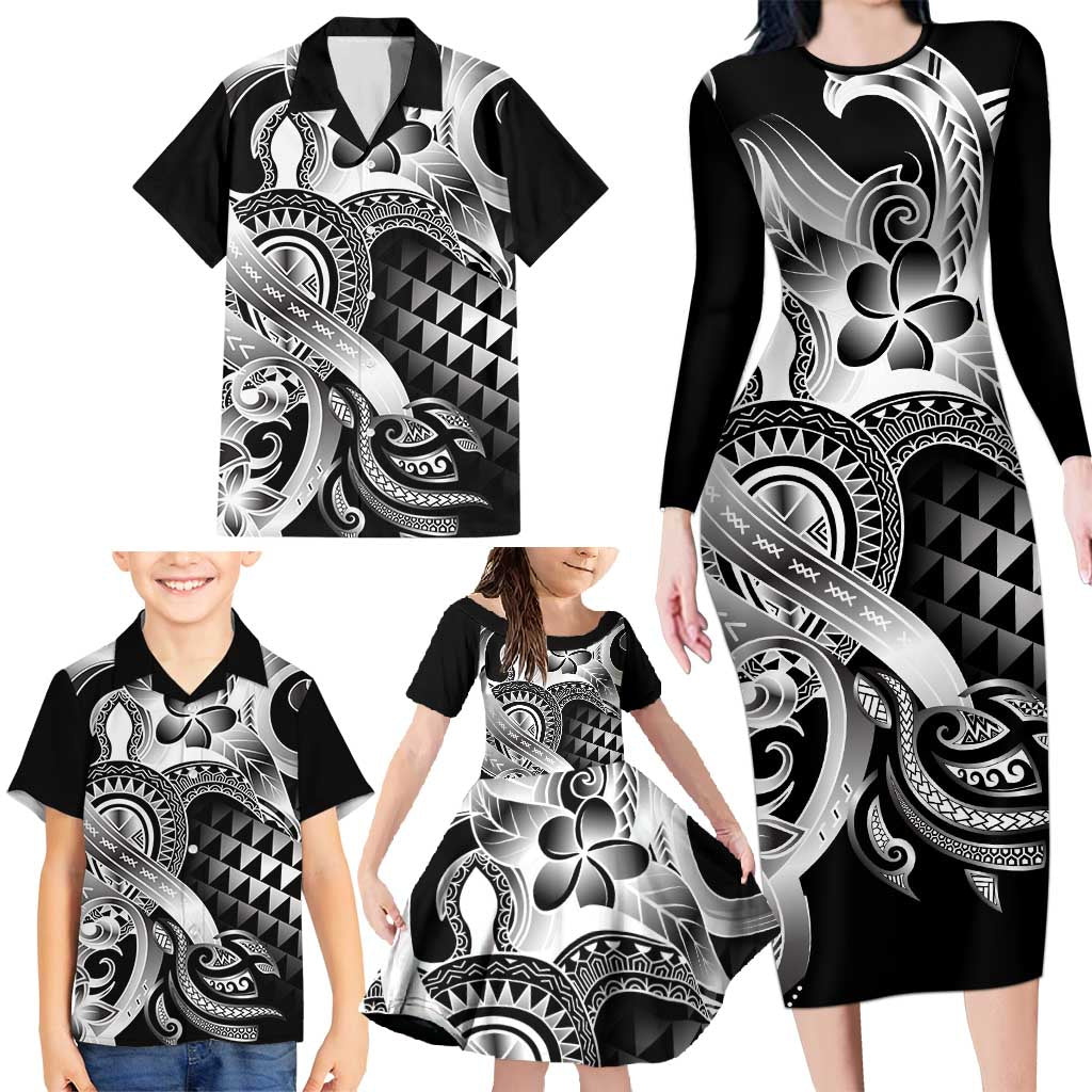Aloha Black Tribal Honu Tattoo Family Matching Long Sleeve Bodycon Dress and Hawaiian Shirt LT9 - Polynesian Pride