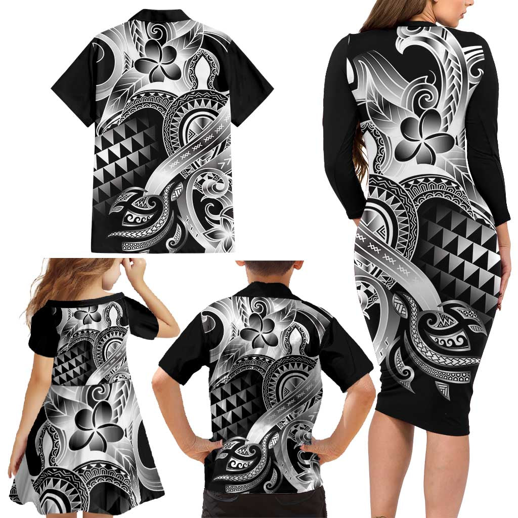 Aloha Black Tribal Honu Tattoo Family Matching Long Sleeve Bodycon Dress and Hawaiian Shirt LT9 - Polynesian Pride