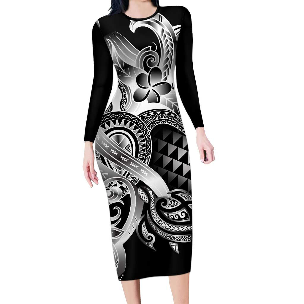 Aloha Black Tribal Honu Tattoo Family Matching Long Sleeve Bodycon Dress and Hawaiian Shirt LT9 Mom's Dress Black - Polynesian Pride