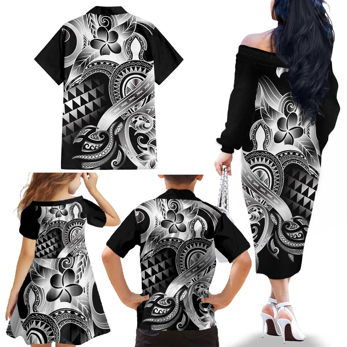 Aloha Black Tribal Honu Tattoo Family Matching Off The Shoulder Long Sleeve Dress and Hawaiian Shirt LT9 - Polynesian Pride
