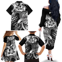 Aloha Black Tribal Honu Tattoo Family Matching Off The Shoulder Long Sleeve Dress and Hawaiian Shirt LT9 - Polynesian Pride