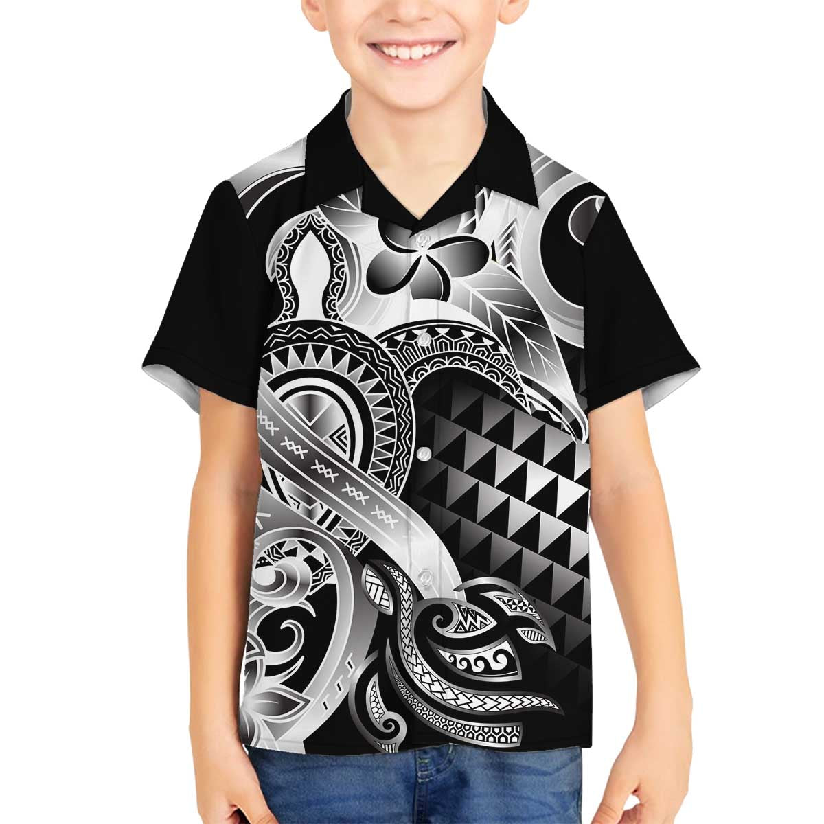 Aloha Black Tribal Honu Tattoo Family Matching Off The Shoulder Long Sleeve Dress and Hawaiian Shirt LT9 Son's Shirt Black - Polynesian Pride