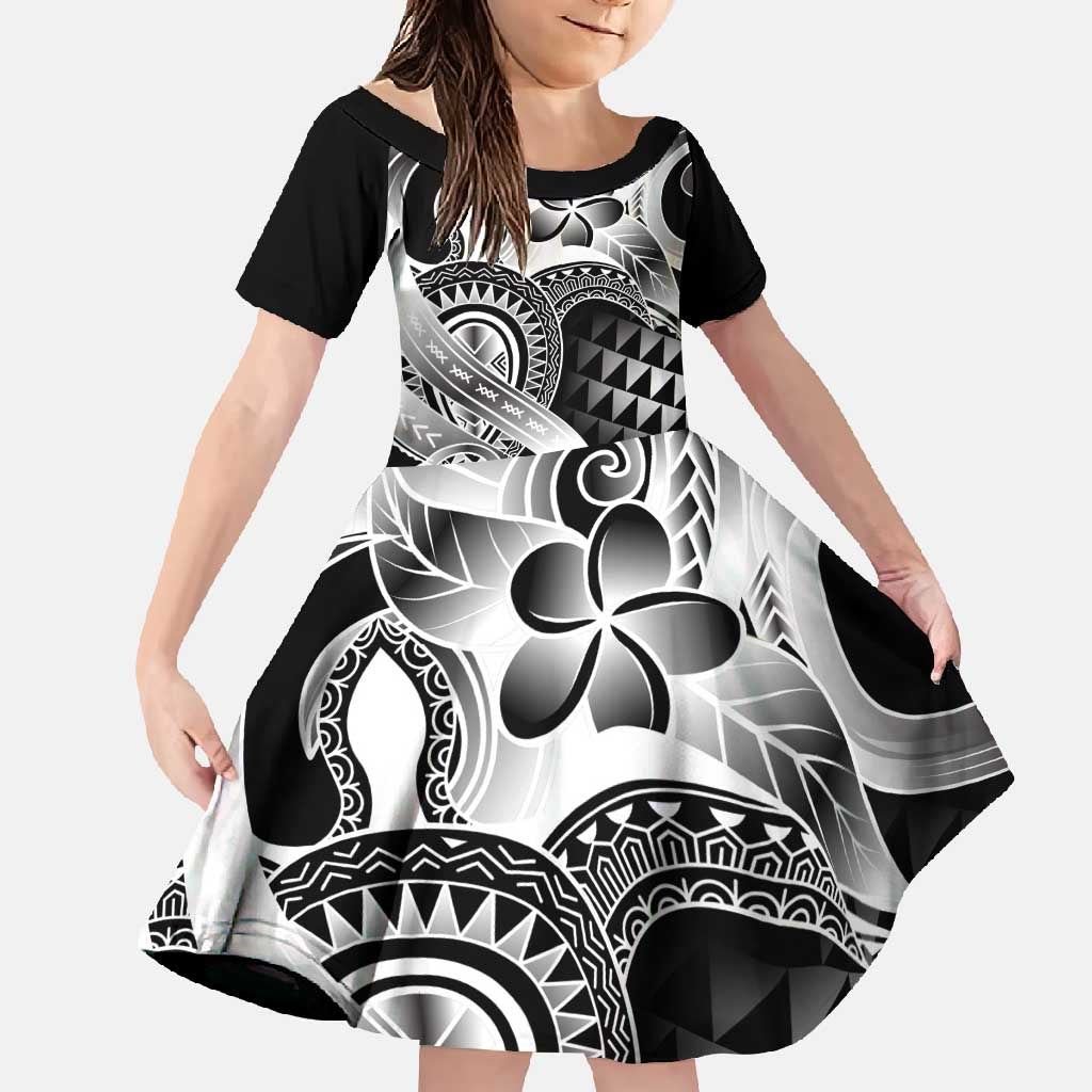 Aloha Black Tribal Honu Tattoo Family Matching Off Shoulder Maxi Dress and Hawaiian Shirt LT9 Daughter's Dress Black - Polynesian Pride