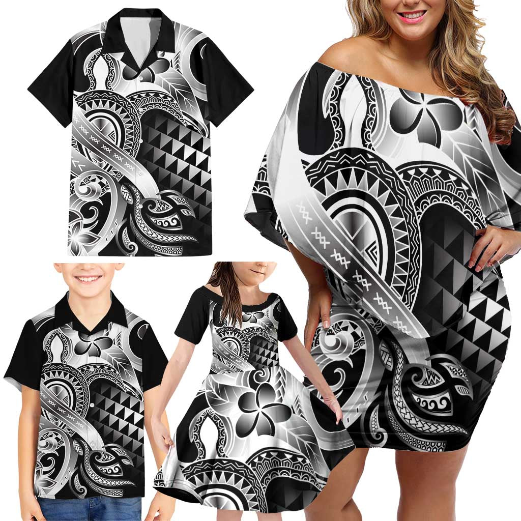 Aloha Black Tribal Honu Tattoo Family Matching Off Shoulder Short Dress and Hawaiian Shirt LT9 - Polynesian Pride
