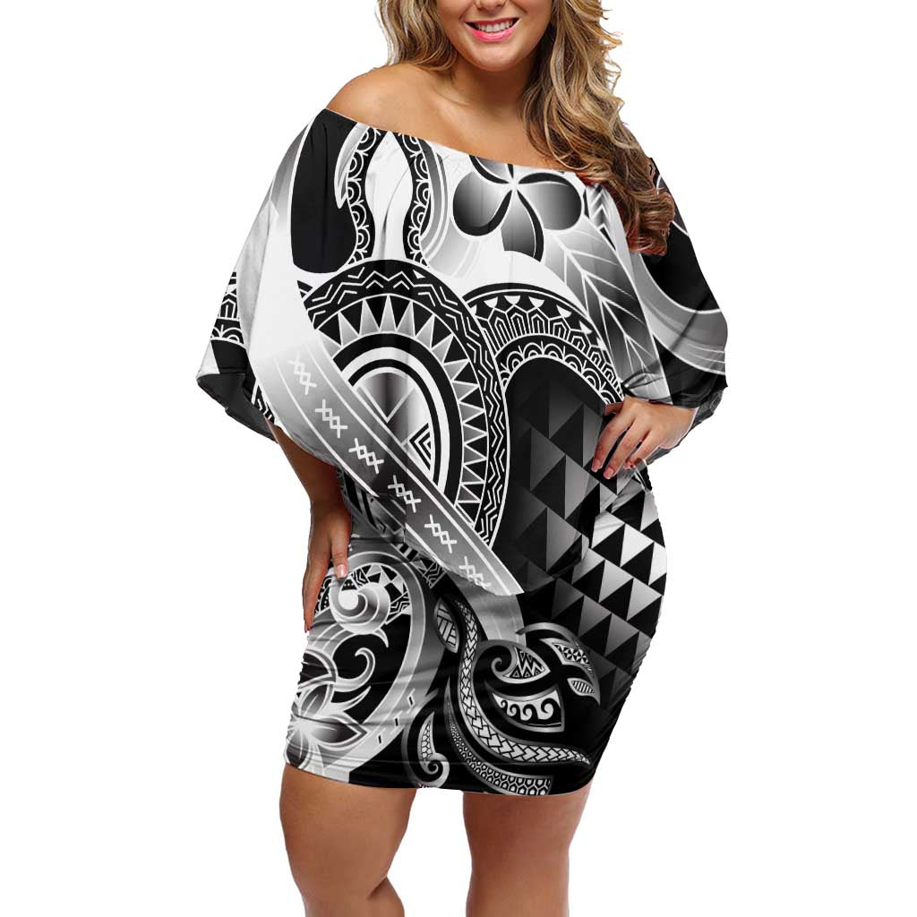 Aloha Black Tribal Honu Tattoo Family Matching Off Shoulder Short Dress and Hawaiian Shirt LT9 Mom's Dress Black - Polynesian Pride