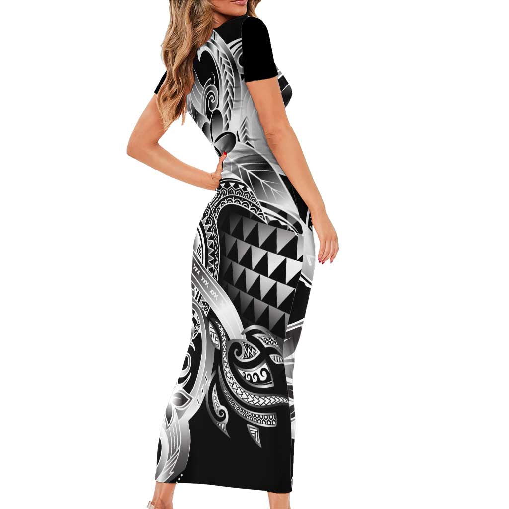 Aloha Black Tribal Honu Tattoo Family Matching Short Sleeve Bodycon Dress and Hawaiian Shirt LT9 - Polynesian Pride