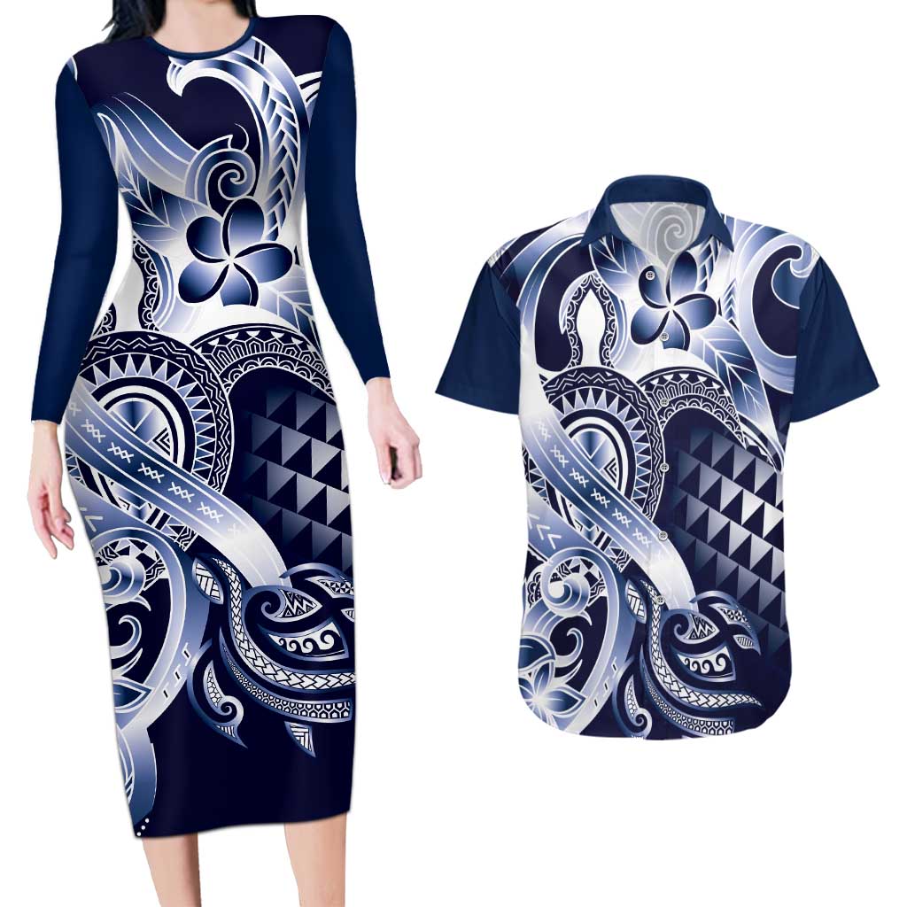 Aloha Blue Tribal Honu Tattoo Couples Matching Long Sleeve Bodycon Dress and Hawaiian Shirt LT9 Blue - Polynesian Pride