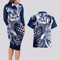 Aloha Blue Tribal Honu Tattoo Couples Matching Long Sleeve Bodycon Dress and Hawaiian Shirt LT9 - Polynesian Pride
